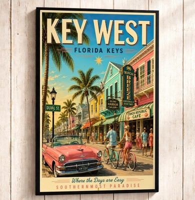 Key West Florida Travel Poster,  Retro Duval Street Beach Wall Art