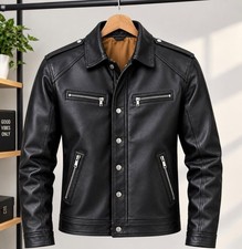 Men's Black Leather Jacket Snap Button Motorcycle Biker Casual Coat Slim Fit