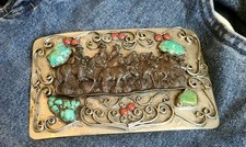 Large Turquoise And Coral Silver Belt Buckle