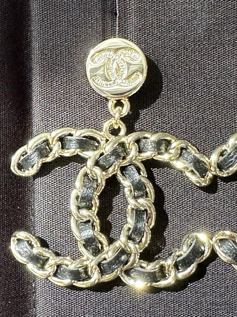 2025C CHANEL BIG GOLD CC LOGO BLACK LEATHER INTERWOVEN STUD DANGLE