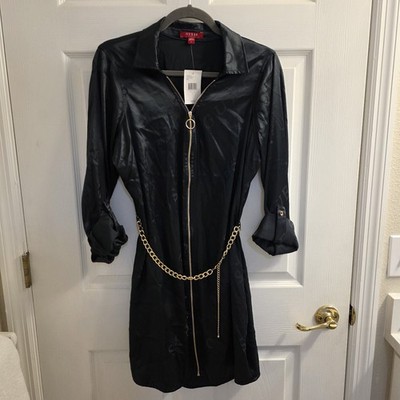 Guess Galina Black Satin Zipped Shirt Dress W/ Chain Belt SZ L Barbiecore NWT