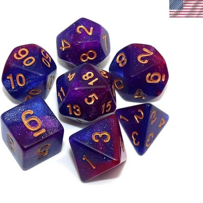 Glittering Blue & Purple Nebula DND Dice Set - 7 Colorful RPG Polyhedral Dice