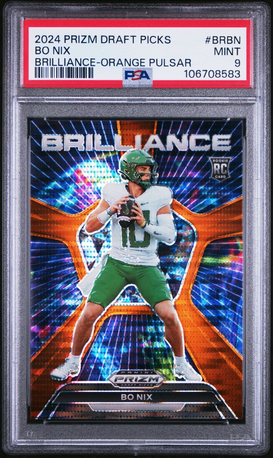 2024 Prizm Draft Picks Bo Nix Brilliance Orange Pulsar /49 PSA 9 RC Rookie