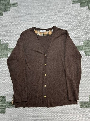 Vtg Burberry Cardigan Sweater Womens 10 Brown Cotton Snap Button V Neck Classic