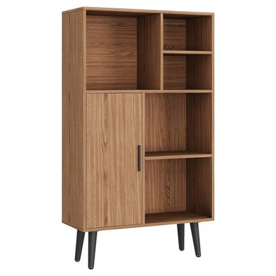 Garvee 4 Etagen Bücherregal Nussbaum Mid Century Aufbewahrungsschrank mit Tür Wohnzimmer