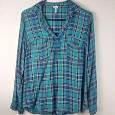 Womens XS Splendid Plaid Popover V Neck Top
