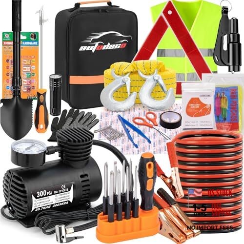 Car Emergency Roadside Assistance Kit with Jumper Cables Tire Inflator