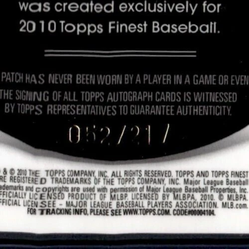 2010 Topps Finest TOBI STONER Card #157 RC PATCH AUTO #'d/217 LETTERMEN “O” - Image 3 of 3