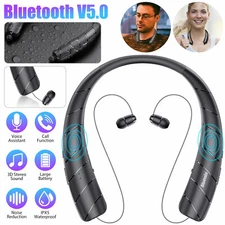 Bluetooth Neckband Headset Noise Cancelling Retractable Earbuds Wireless Speaker