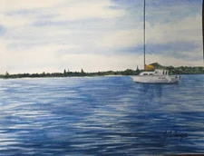 "Moored" sailboat ORIGINAL WATERCOLOR PAINTING [Signed] [NOT matted]