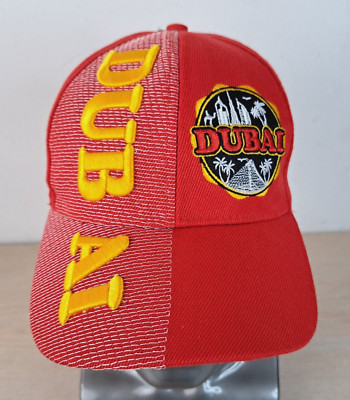DUBAI SKYLINE/FLAG ADJUSTABLE STRAPBACK BASEBALL HAT/CAP, RED, TRAVEL/SOUVENIR