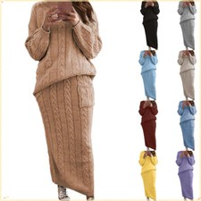 Women Lady Chunky Cable Knitted Jumper Dress Sweater & Skirt 2-Piece Full Set