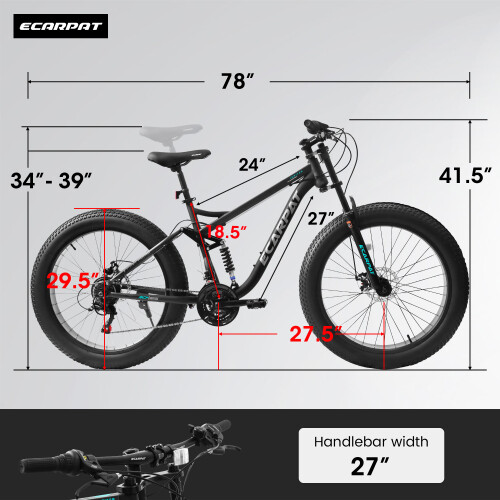 26 Inch Full-Suspension Mountain Bike 21 Speeds Disc-Brake MTB Fat Tire Black - Picture 7 of 9
