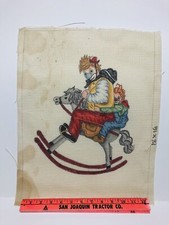 Vintage Hand-Painted Needlepoint Canvas  Clowns  Rocking Horse  14 Mesh