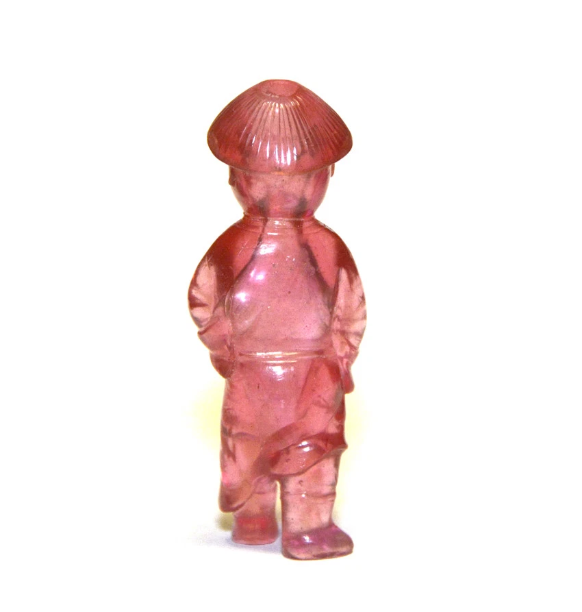 Excelente botella de tabaco antigua china Qing con forma de figura rosa de vidrio de Pekín Foto 2 de 4