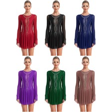 Womens Leotard Patchwork Dancewear Figure Ice Skating Dress Rhinestones Ballet