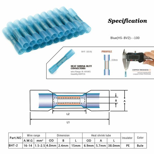 100 pezzi connettori filo butt termoretraibile blu AWG terminali a crimpare calibro 14-16 US - Foto 6 di 10