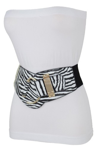 Women Black White Zebra Animal Print Safari Belt Gold Metal Hook Buckle Size S M - Picture 20 of 20