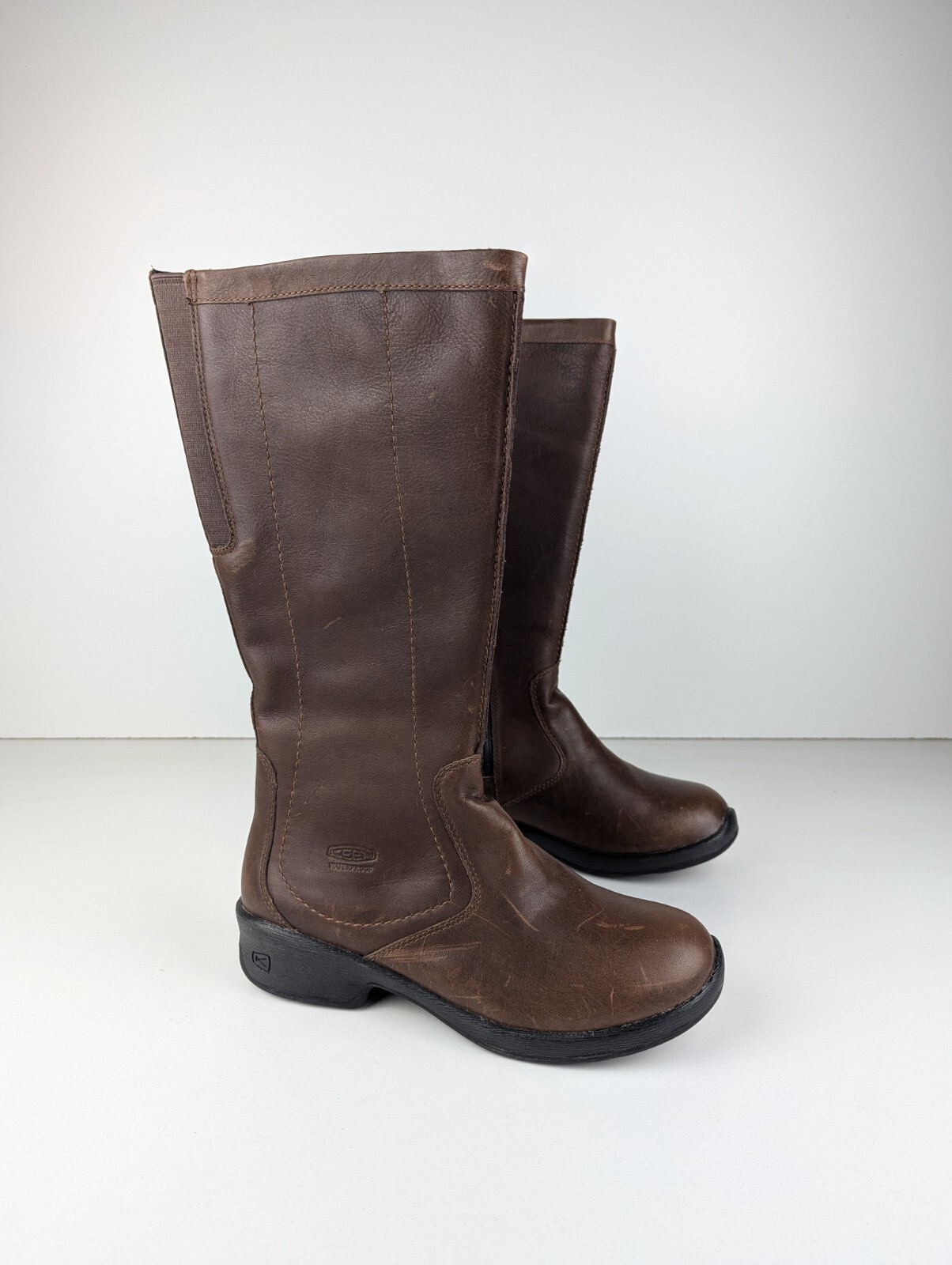 Stivali Keen Tyretread donna taglia 8 pelle marrone alti al ginocchio equitazione zeppa zip