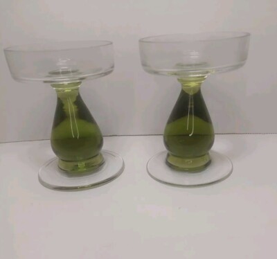 Vintage Libbey Adenia Green/Clear Glass Pillar Candlestick Pair 4.5'' Rare HTF
