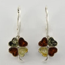 Multi-Color BALTIC AMBER Lucky 4 Leaf Clover Earrings 925 STERLING SILVER #2537e