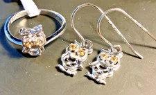 .04ctw / .09CTW  Round Citrine Sterling Silver Owl Ring and Earring matched set