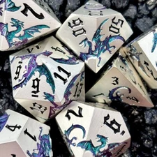 Sage's Dragon Etchings Silver Teal/Purple Metal Polyhedral Dice Set RPG D&D Dice