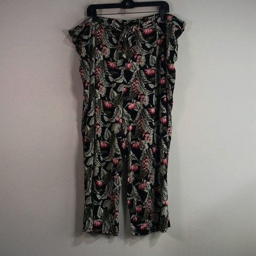 Ellos Tie-Front Leaf Print Capri, Size 22/24 - Black/Multi Women's