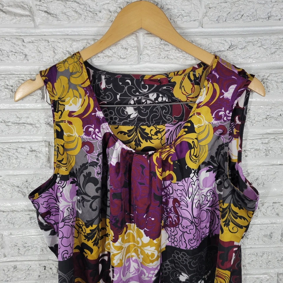 Colección 212 Mujer Top XL Tank Púrpura Dorado Floral Mezcla Poli Cuello Plisado Foto 3 de 4