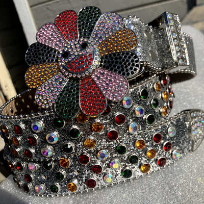 RARE* Y2K MURAKAMI FLOWER SILVER RHINESTONE GLITTER STUDDED BB