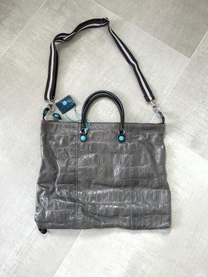 GABS Large Gray Leather Croc Embossed Crossbody Handbag With Brown & Turquoise
