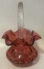 FENTON Cranberry Coin Dot Clear Rope Twisted Handle Glass Basket