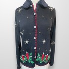 Christmas Sweater Medium Beaded Snowflake Removable Collar Button Front
