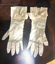 Carolina Amato Ivory Silk Bow Gloves S/M Made USA Bridal Formal 10.5