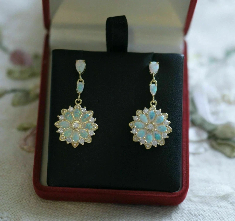 3.00CT Pear Cut Opal Lab Created Drop Dangle Cluster Earrings 14k Gold Plated - Image 2 of 4