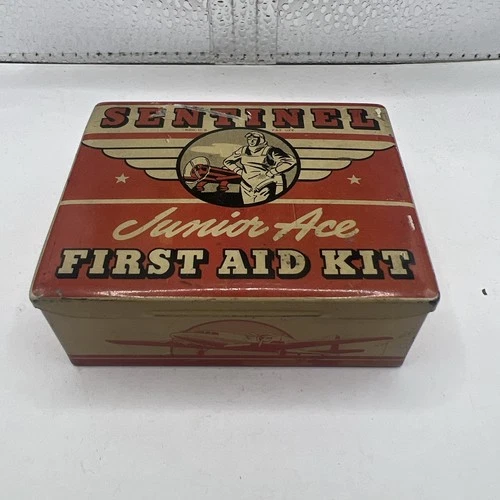 Vintage 1940’s Sentinel Junior Ace First Aid Kit Tin Plane Aviation Pilot EMPTY