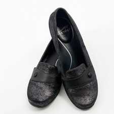 Dansko Olena Crackled Black Metallic Leather Loafers Button Slip On Shoes 39