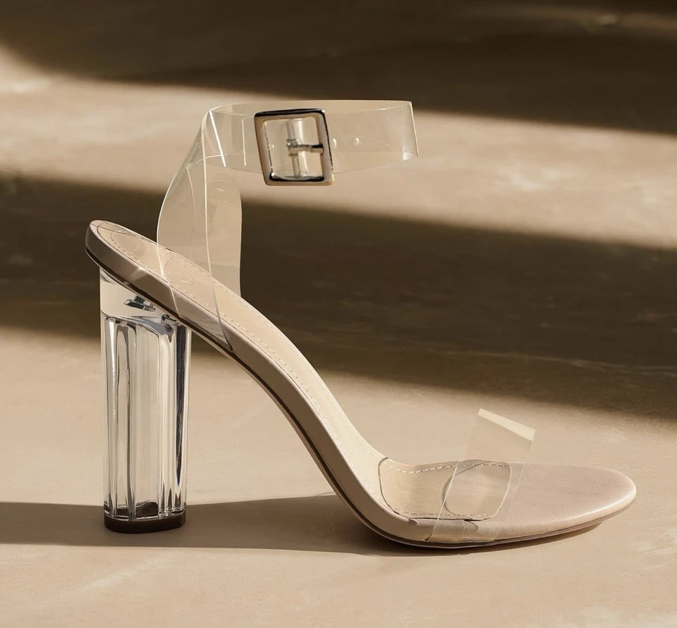 🚨JustFab Tacones Transparentes Para Mujer 4 Pulgadas Tacones Gruesos Sandalias Desnudo Tobillo-Talla 10 Foto 4 de 4
