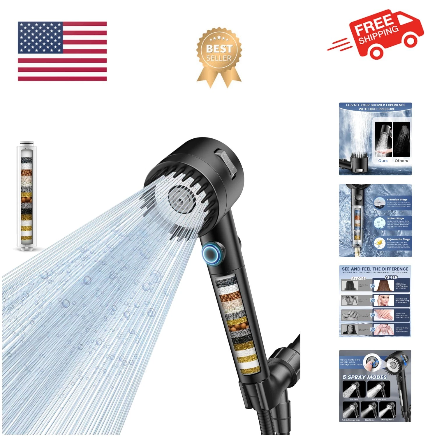 Luxury Filtered Handheld Shower Head – 5-Spray High Pressure for Healthier Baths