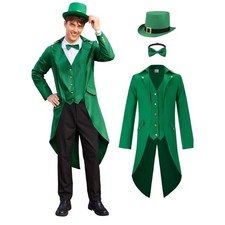 St. Patricks Day 3pc Leprechaun Costume Irish Steampunk Tailcoat Adult Hat Gift