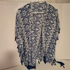 Blue White Floral Tassel Kimono Open Front Lightweight Bohemian One Size