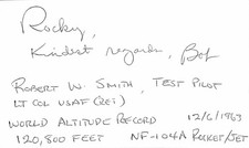 Robert W. "Bob" Smith Signed Index Card Test Pilot Inscription BECKETT