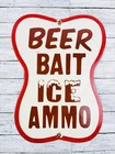 VINTAGE BEER BAIT ICE AMMO 12x9" BREWERY PORCELAIN PUMP STATION GAS OIL SIGN
