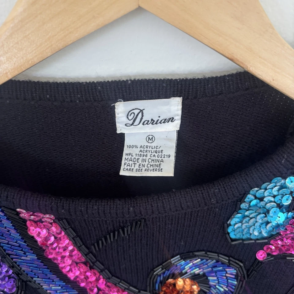 Vestido Suéter Darián Años 80 De Colección Talla Med Negro Estrás Lentejuelas Adorno Foto 3 de 4