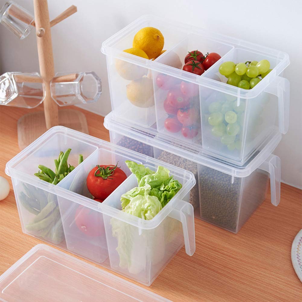 2 Pack Plastic Divided Veggie Storage Containers with Lids and Handles for Fr...