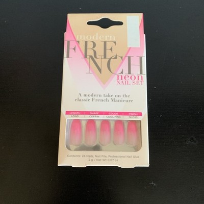 Salon Perfect 24 Nails Modern French Long Coffin Glossy Peach+Pink Ombre Effect