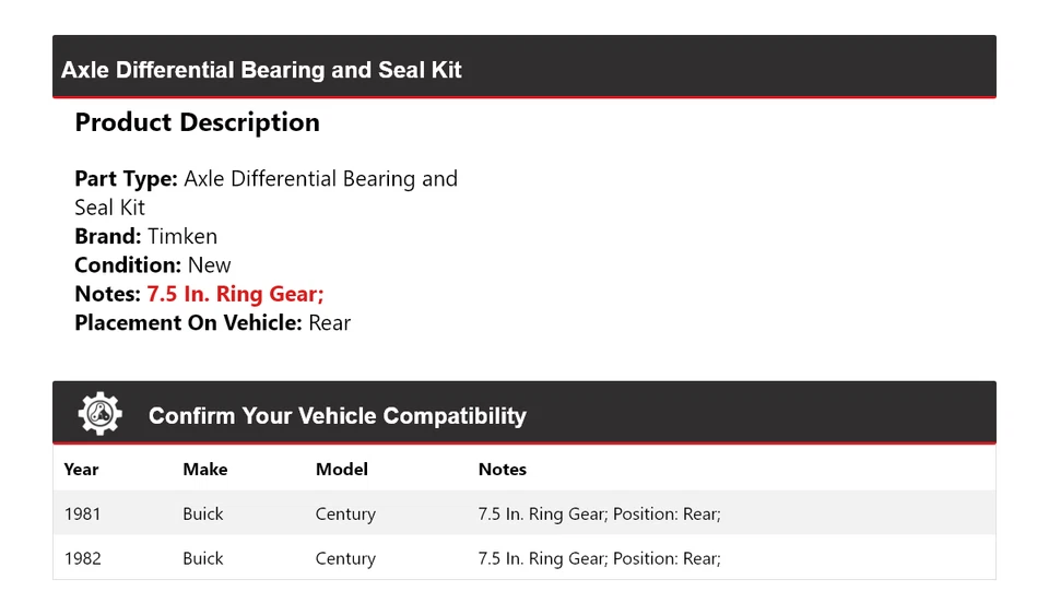 For 1981-1982 Buick Century Axle Differential Bearing and Seal Kit Rear Timken - Image 2 of 3