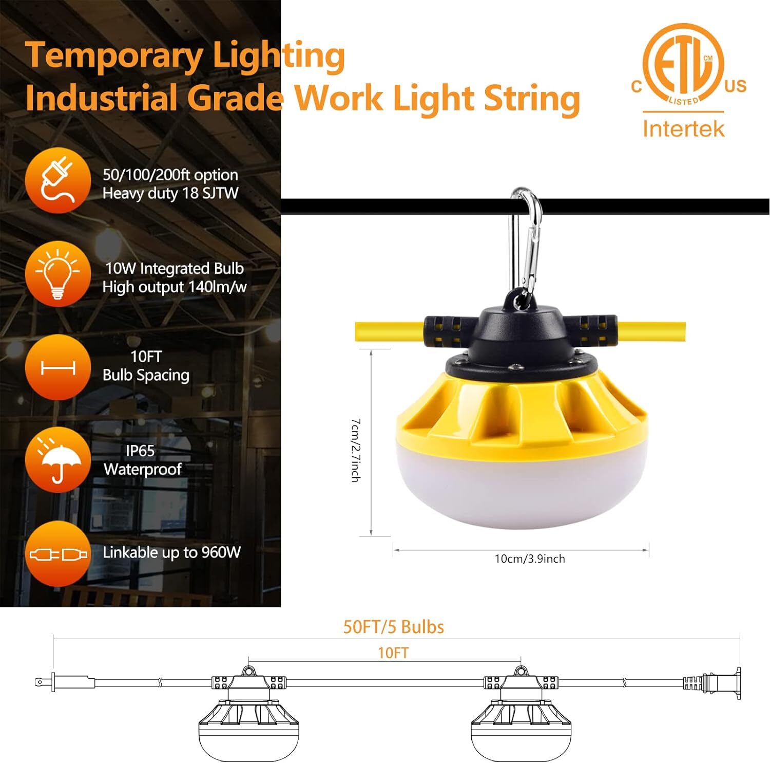 200FT Construction String Work Lights 20000LM Connectable Industrial Waterproof
