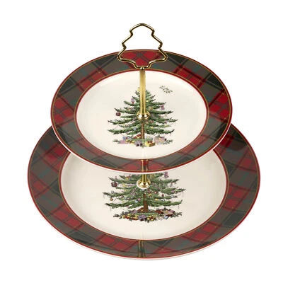 Spode Christmas Tree Tartan 2-Tier Server, Holiday Dessert & Cupcake Stand