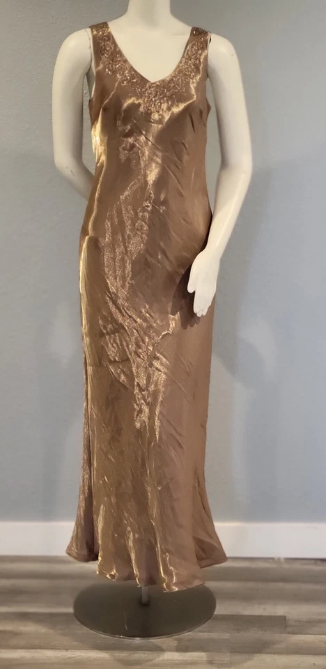 Vintage Rayon David's Bridal Bridesmaid Vneck Dress Gold Cocktail Long 12 Beaded - Image 2 of 4